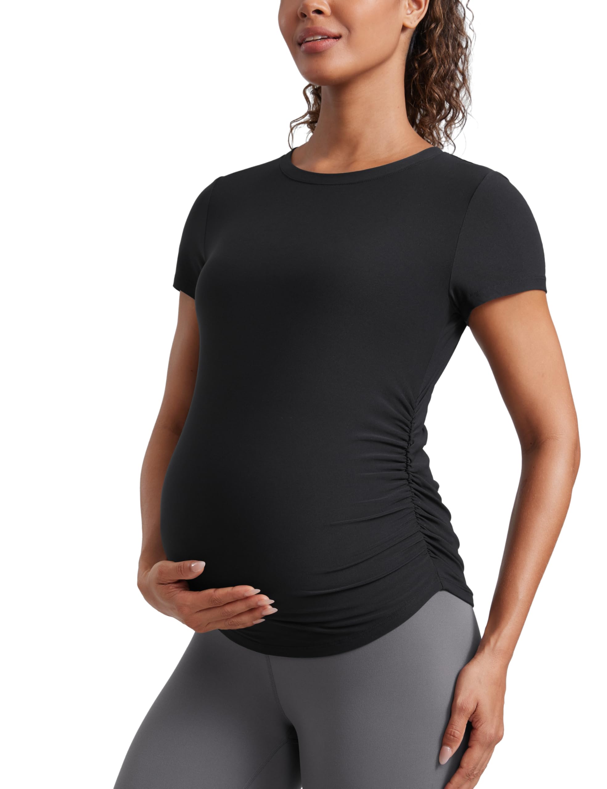 CRZ YOGA Cloudweight Maternity Shirts for Women Pregnancy Short Sleeve Side Ruched Tops Soft Workout Casual Athletic T-Shirt