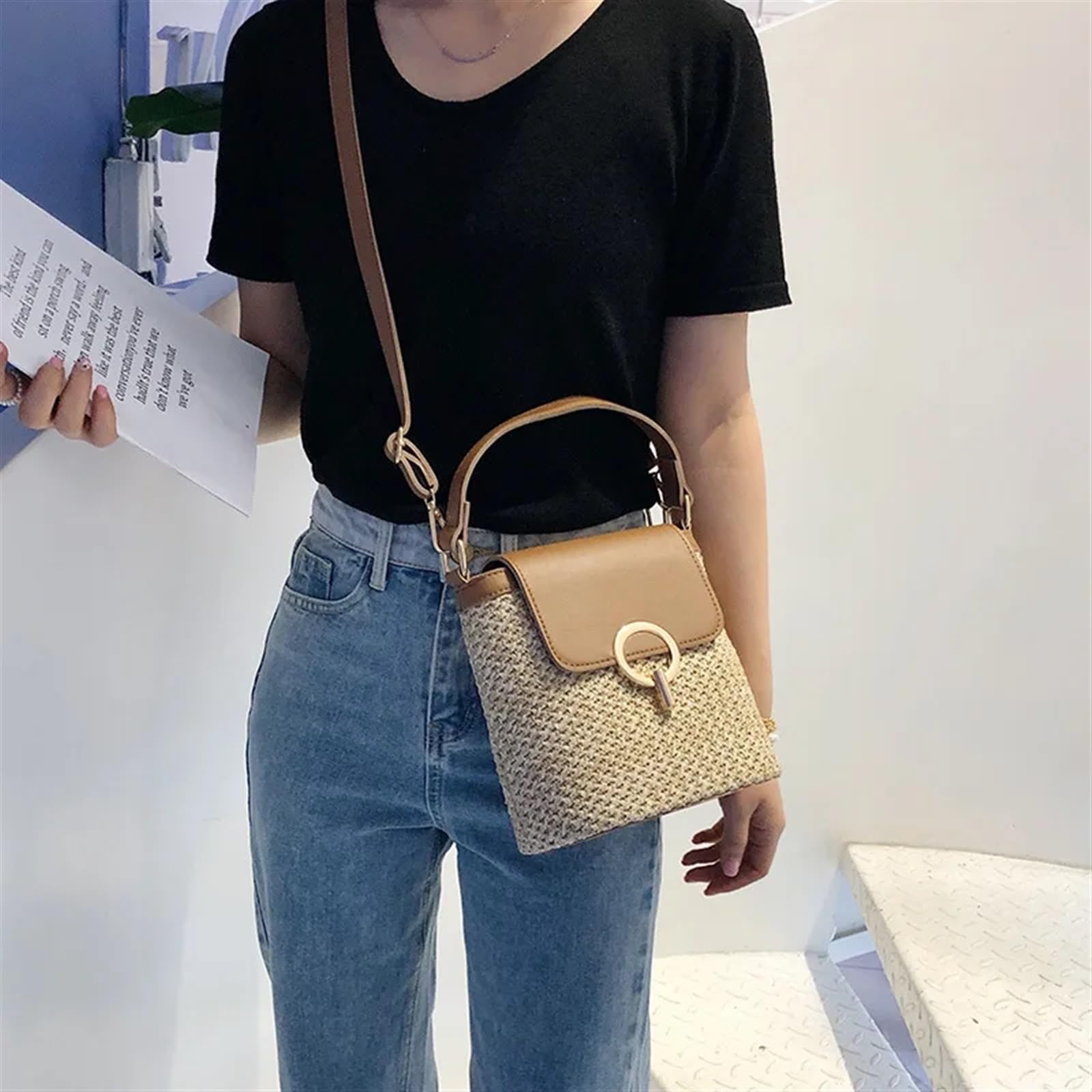 Stroh Handtasche Damen Große Beach Lady Travel Purses and Handbags Casual Chains Straw Bucket Bags Women Summer Messenger Bag Rattan Bags Shoulder Bag Entworfen Für Die Reise Zum Strand Im Urlaub(GREE