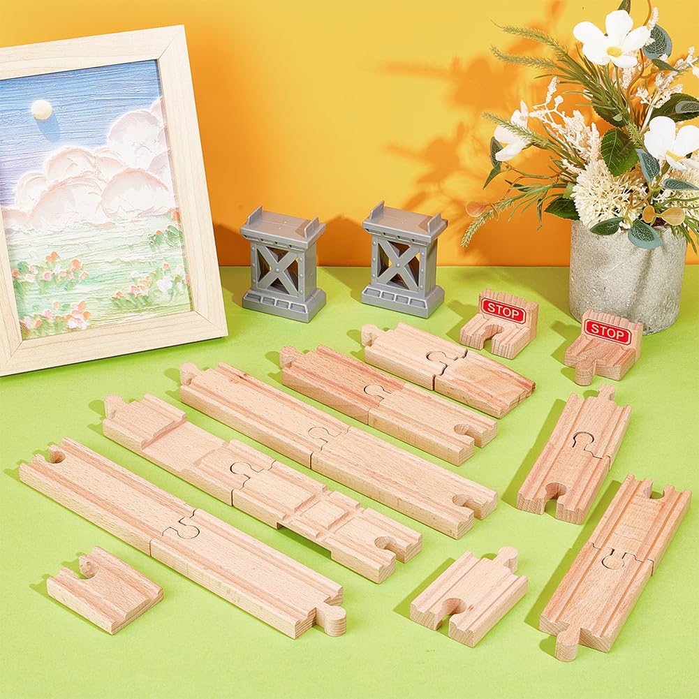 OLYCRAFT 20pcs Wooden Train Track Railway Track Expansion Straight and Stop Trains Tracks Intersection Cross Tracks Gray Bridge Piers Compatible with Most Railway Trains for Table Activities Games - Image 4