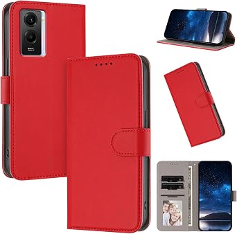 Cover Compatible with Vivo Y55s 2023 / Y55 V2127 / T1 5G / Y75 5G / iQOO U5 / iQOO U5e Magnetic Closure Wallet Card Slot Flip Kickstand Case Red