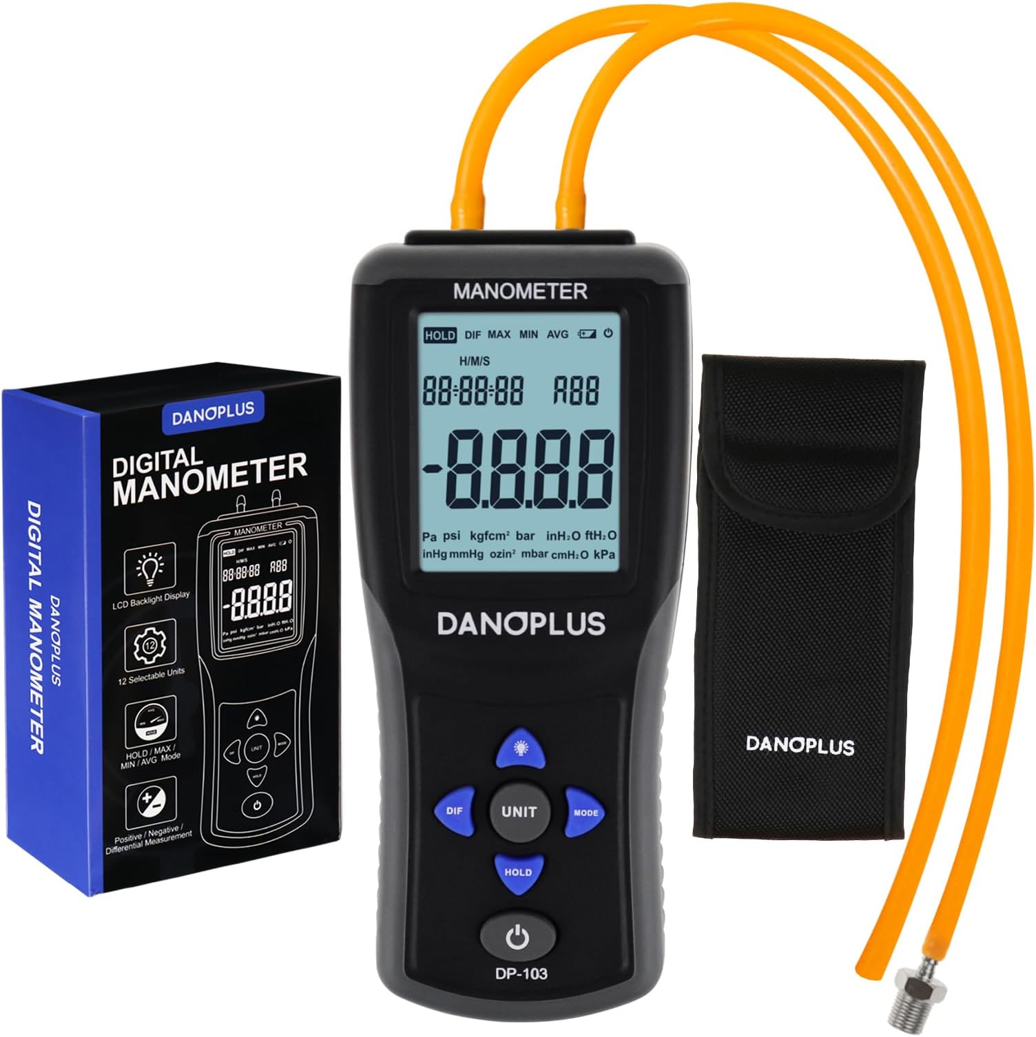 DP-103 Manometer Digital Gas Pressure Tester Differential Pressure Gauge HVAC Air Pressure Meter with Backlight Data Record Function,Black