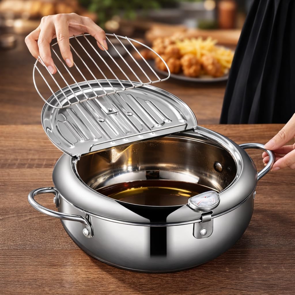 opriQ 304 Stainless Steel Deep Fryer Pot with Built-In Thermometer & Straining Rack, 3.4L 24cm Deep Frying Kadai with Lid, Oil Saver Design, Compatible with Induction, Gas & Electric Stovetops-image-37