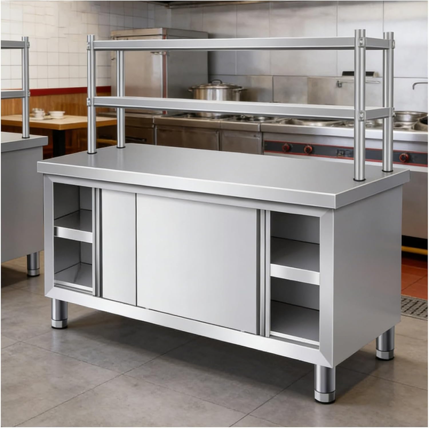 Stainless Steel Workbench with Double-Tiered Vertical Frame Worktable Kitchen Sliding Door Cutting Board Adjustable Table Legs Metal Prep Table(L80xW60xH80cm/31.5x23.6x31.5”)