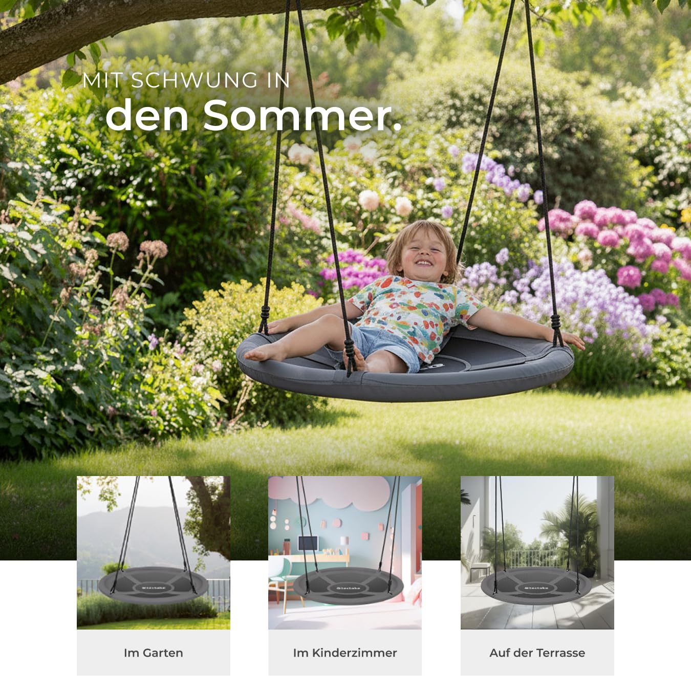 tectake® Nestschaukel, Korbschaukel bis 120 kg belastbar, Schaukel für Kinder und Erwachsene, Outdoor Gartenschaukel oder Indoor Hängesessel, Spielzeug für Garten oder Kinderzimmer (GRÖßE Ø 120 cm)