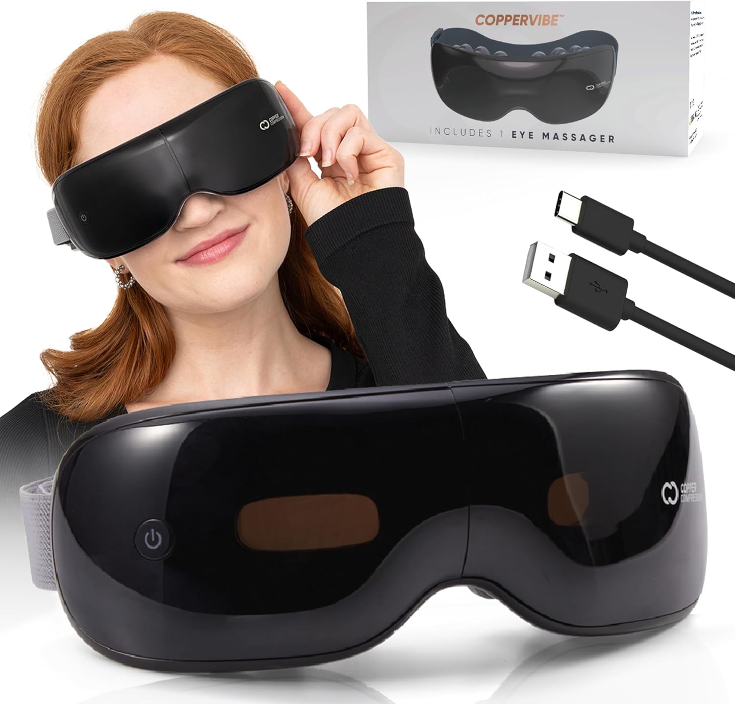 Copper Compression CopperVibe Eye Massager – Heat, Bluetooth, Transparent Visor, Timer & Adjustable Strap. Relieves Strain, Migraines, Puffiness, Dark Circles, Headaches. Self Care Gift for Men, Women