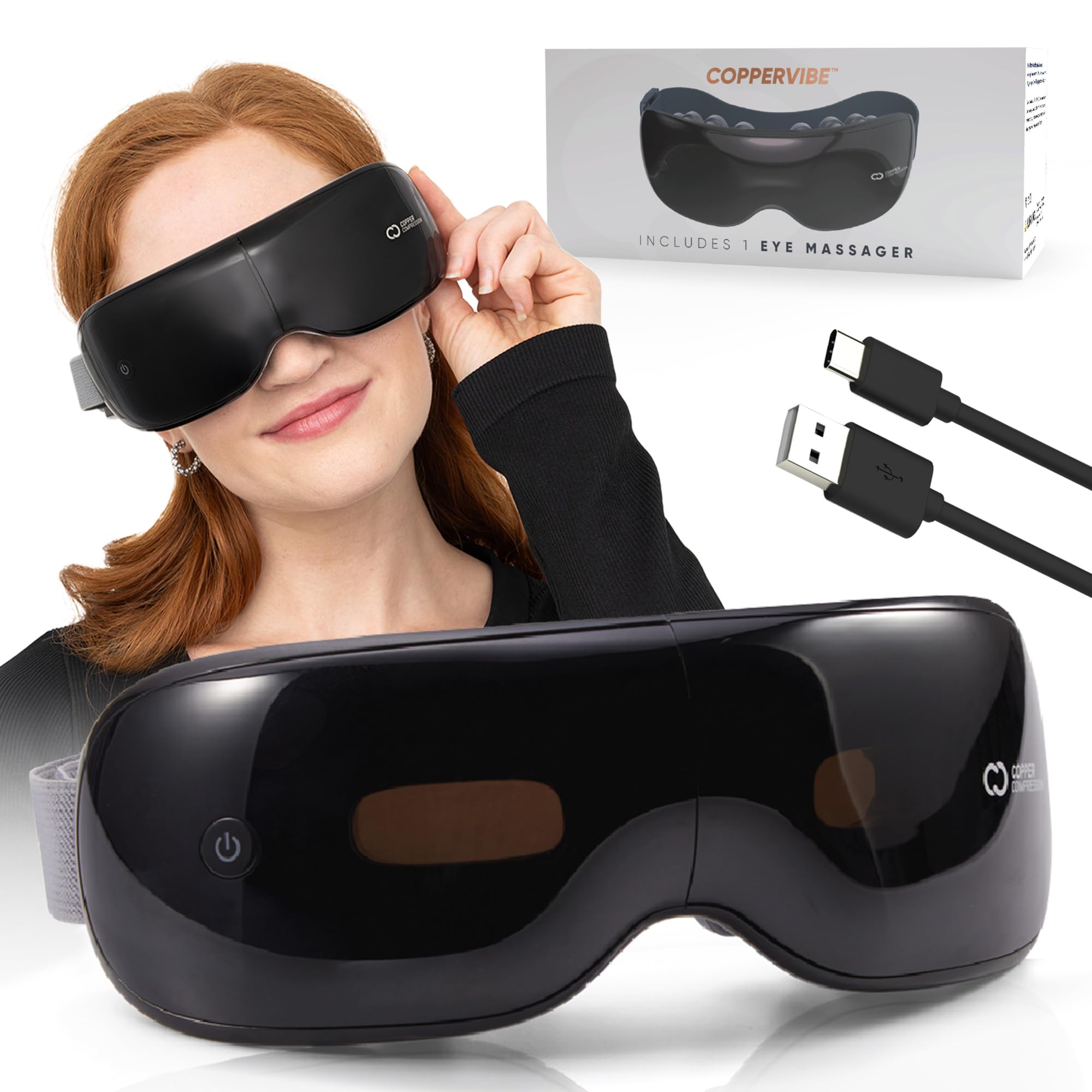 Copper Compression CopperVibe Eye Massager - Heat, Bluetooth, Transparent Visor, Timer & Adjustable Strap. Relieves Strain, Migraines, Puffiness, Dark