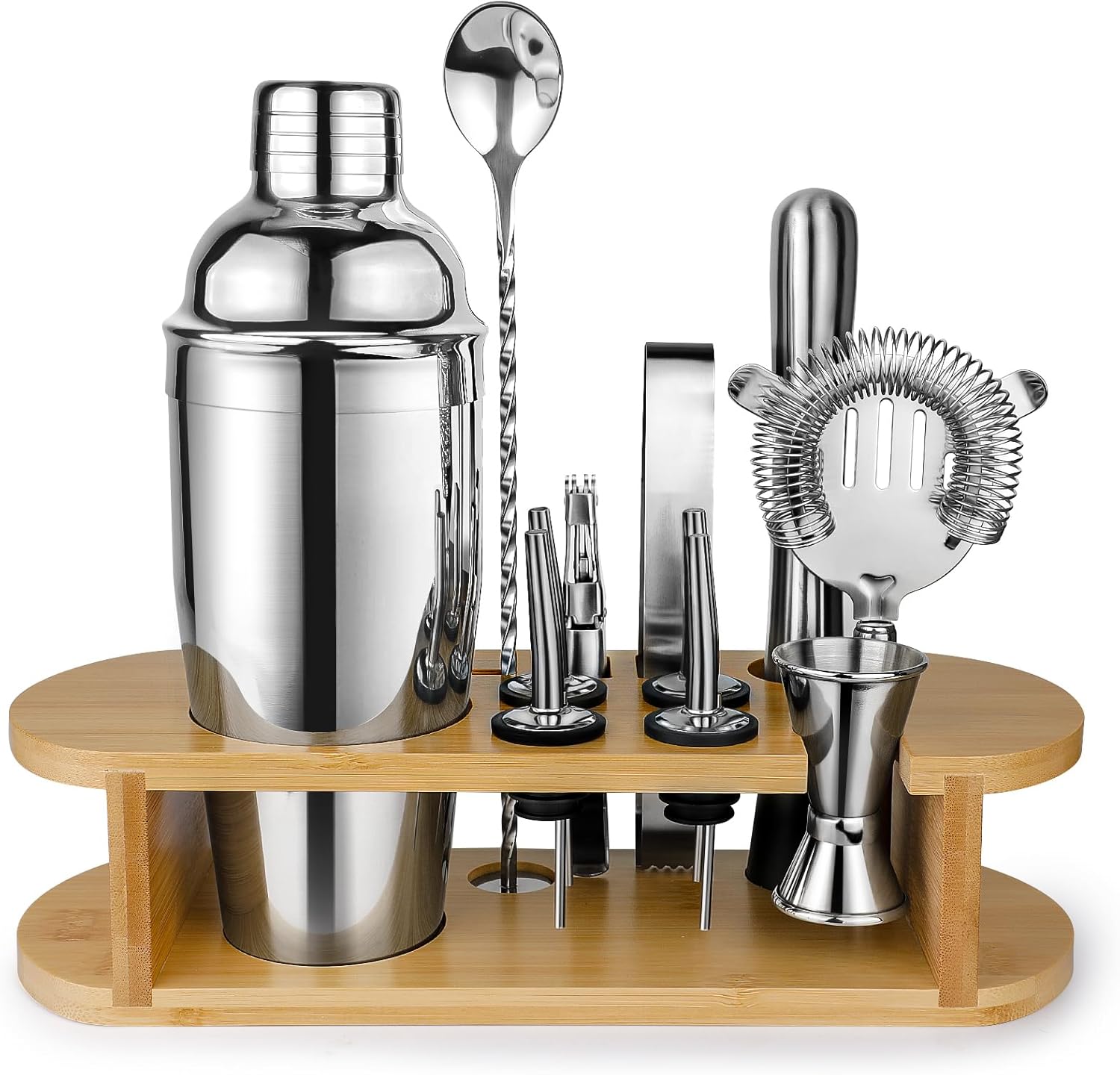 Cocktail Shaker Set with Bamboo Stand, 12Piece Bartender