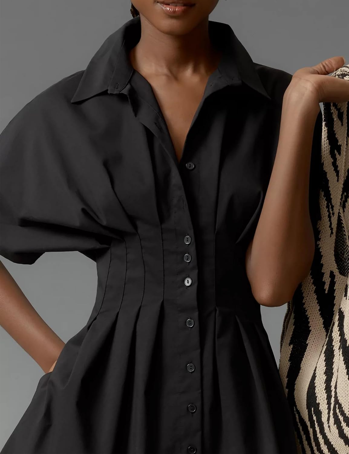 Summer Button Down Pleated Shirt Dress for Women Striped Print V Neck Short Sleeve Mini Dress Casual Corset Dresses - Image 2