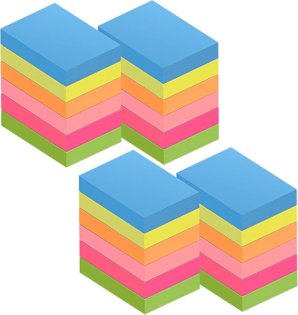 ZCZN 38 x 51 mm Sticky Notes, 6 Neon Color Self-Stick Memo Note Pads, 100 Sheets/Pad, Small Size, 24 Pads