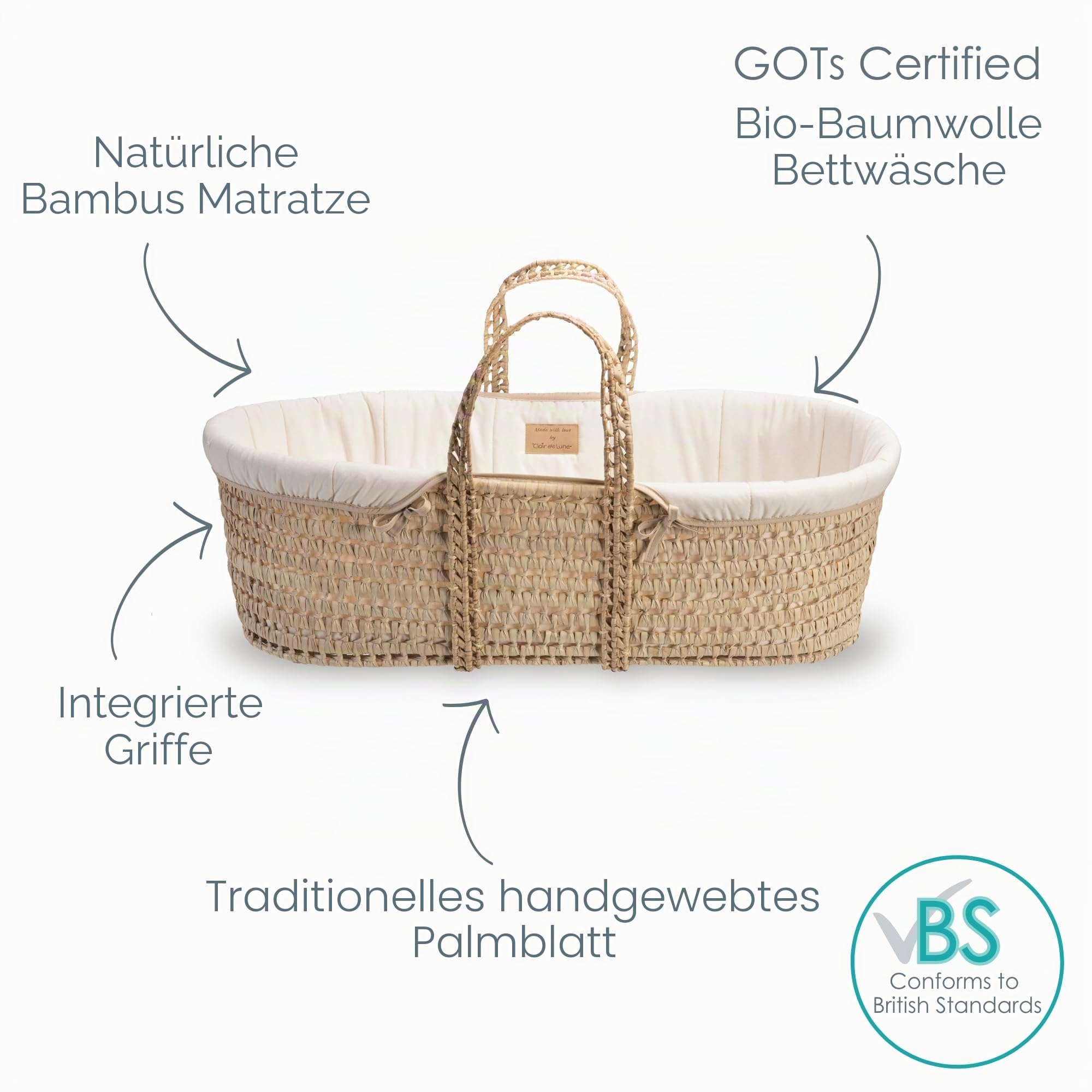 Clair de Lune Bio-Palmen-Moseskorb, Gold-Preisträger, kommt mit Bio-Kompresse, natürlicher Bambus-Matratze und weichem Baby-Betttuch, 75 x 28 cm (Naturcreme)