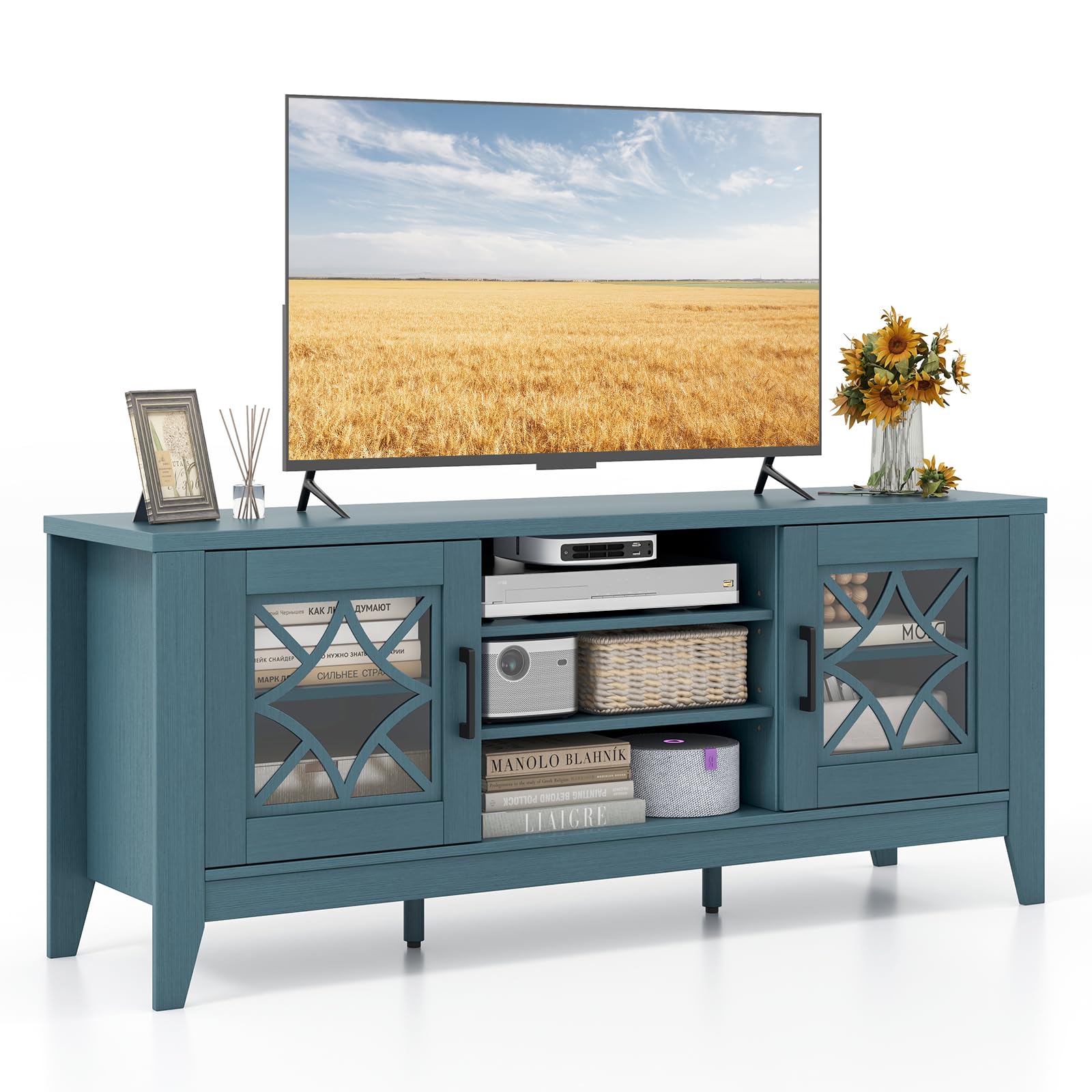 Tangkula Farmhouse TV Stand for TVs Up to 65-in, Classic Media Entertainment Center w/Glass Door Cabinets & 4 Adjustable Shelves, Modern TV Console Table w/ 3 Cable Holes for Living Room (Teal Blue)