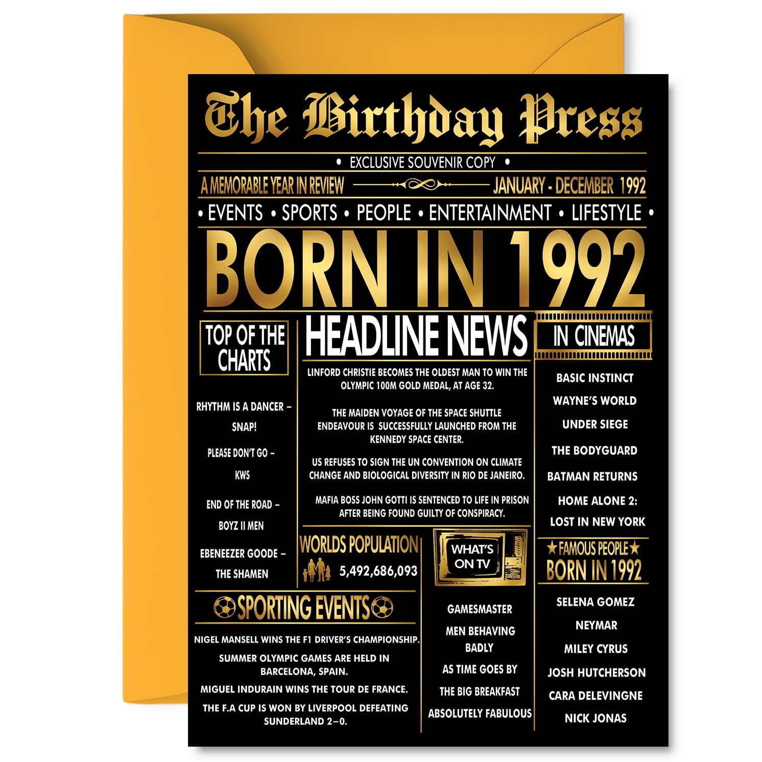Gold 34th Birthday Card for Women and Men, 5x7 Inch Bday Greeting Cards
