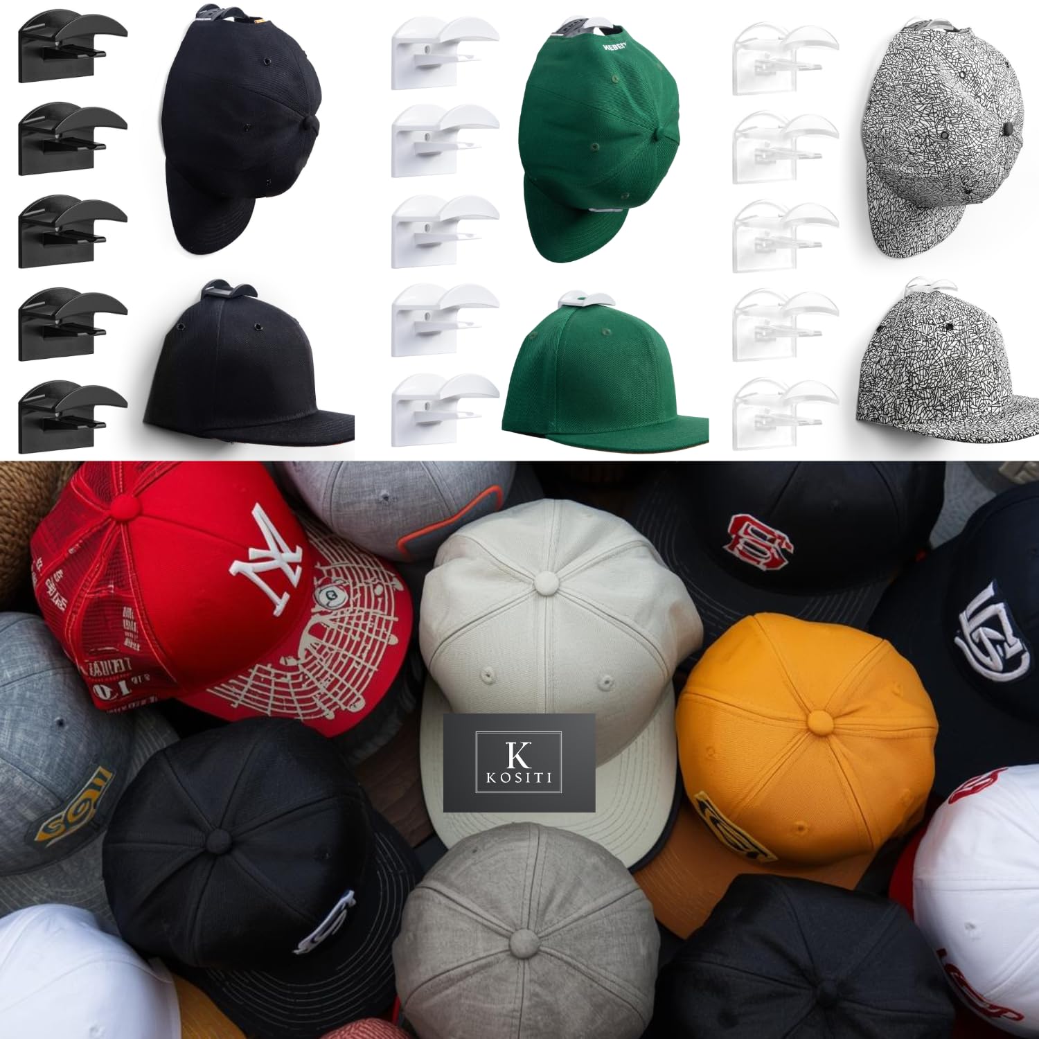 Colgador Gorras Organizador Negros – 10 Ganchos Pared (2 en 1 Adhesivo o Tornillos) Perchero Modular para Gorra Abrigo Ligero Auriculares Llaves Cuelga Hasta 1 Kg Estilo Moderno para Hogar y Armario