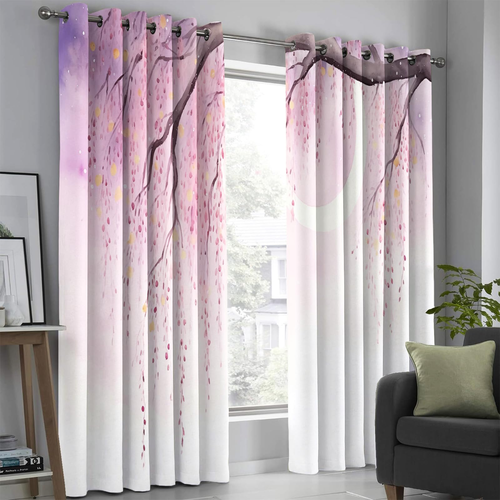 Rideaux Occultant Ciel Lunaire Saule Lot De 2 140Lx240H Cm, Rideau Thermique Anti Froid Poudre Blush Rideau Opaque Aquarelle Rêveuse À Oeillets Cloisons Draperies pour Chambre Salon