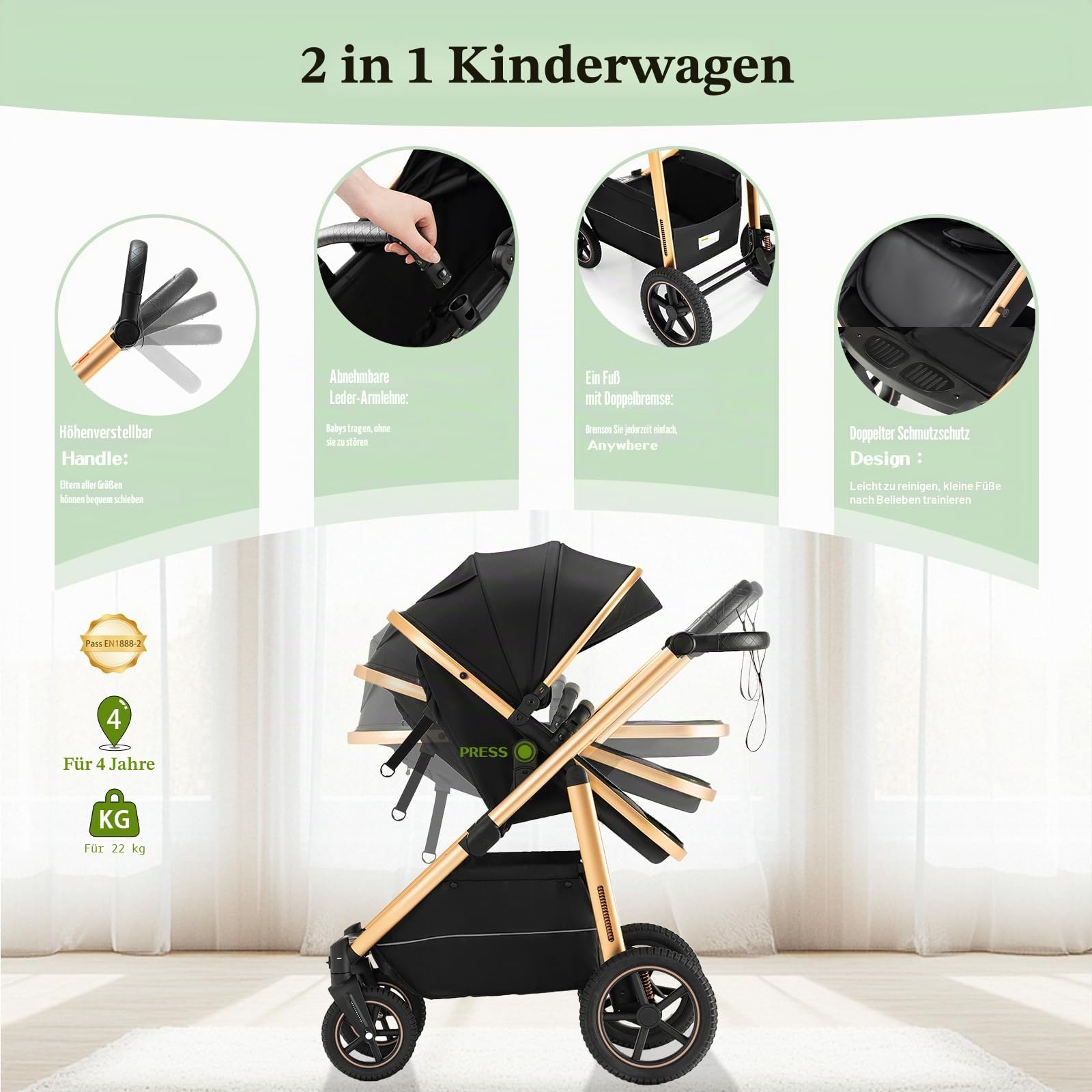 3-in-1 Kinderwagen | Kombi-Kinderwagen mit Babyschale | Buggy mit Höhenverstellbarem Griff | Aluminium-Rahmen | Moskitonetz | für Neugeborene 0-4 Jahr