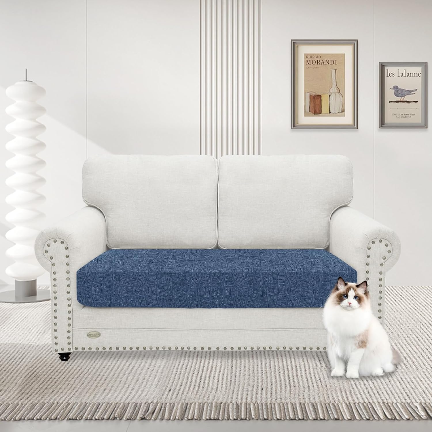 MAXIJIN Waterproof Couch Cushion Covers Stretch Sofa Seat Slipcovers Washable，Sectional Outdoor Cushion Covers with Elastic Bottom for Dogs Pets Kids (1 Pc Loveseat Cushion Cover, Dusty Blue)
