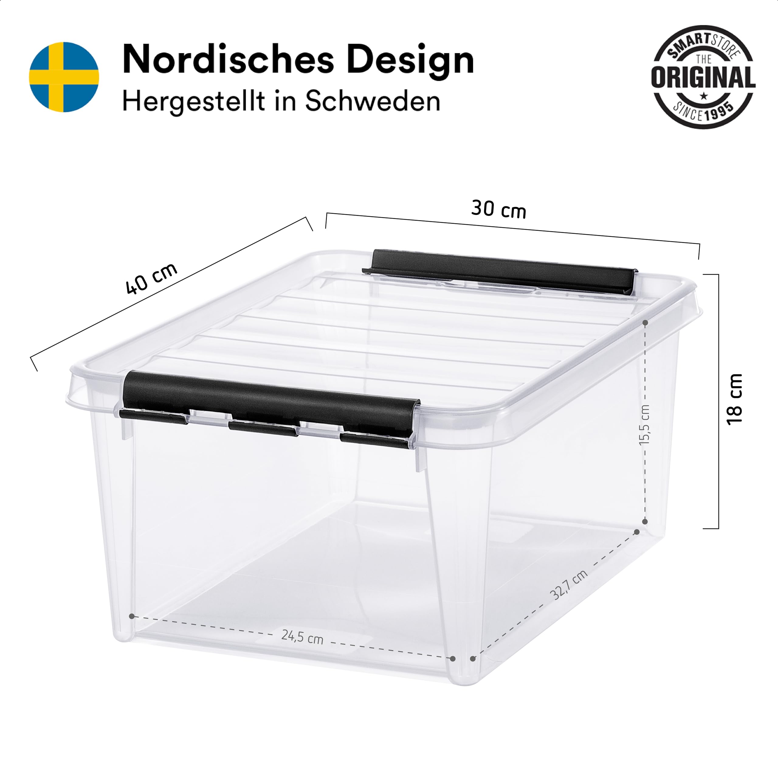 SmartStore klare Kunststoffboxen mit Deckel, 14 Liter, 6er-Pack, verstärkt, lebensmittelecht, Clip-Verschluss, stapelbar und verschachtelbar, BPA-frei, L x B x H: 40 x 30 x 18 cm