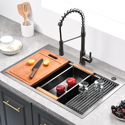 Miniatura 2 de ALWEN Fregadero de cocina doble de 33 pulgadas, color negro, hecho a mano, con estación de trabajo de montaje superior, calibre 16, fregadero de