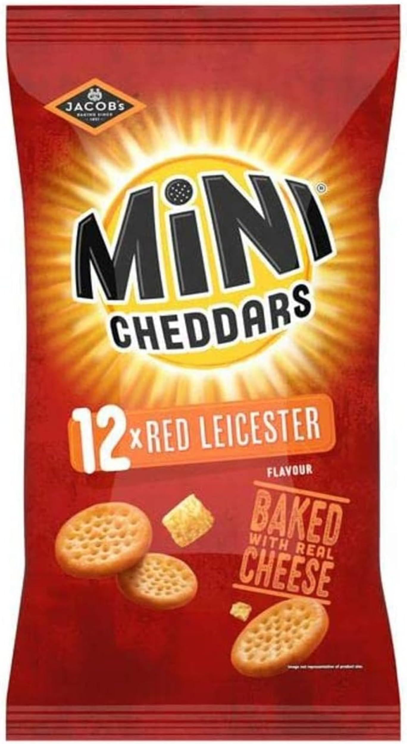 JACOB'S Mini Cheddars Red Leicester Flavour Multipack Crisps, Baked with Real Cheese, 12 x 23 g Bags per Pack (Pack of 1)