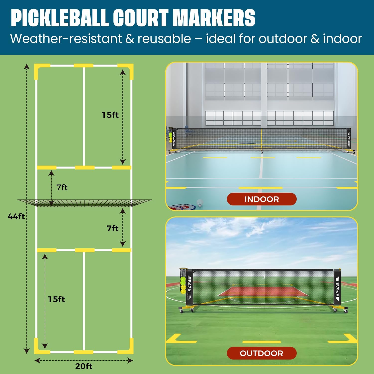 BAGAIL Portable Pickleball Net Set, 22 FT Regulation Size Pickle Ball Net with Ball Collector, 4 Balls and Carry Bag, Easy Setup for Outdoor Indoor Driveway