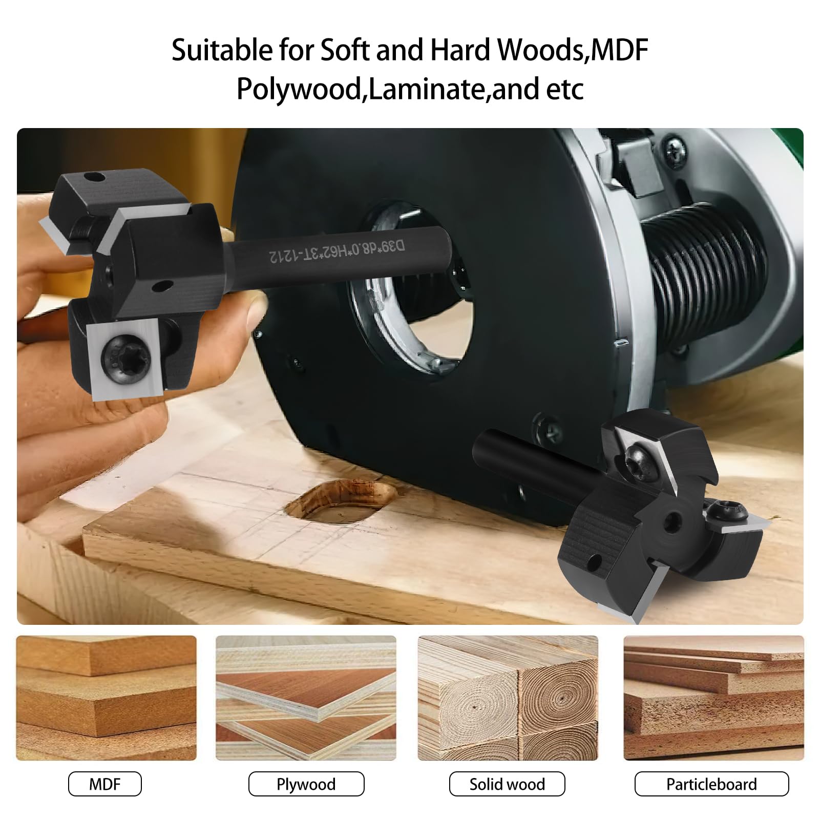 Fresa plana, vástago 8 mm, 3 flautas, con 10 cuchillas intercambiables de carburo (12 x 12 x 1,5 mm) para madera de 39 mm de diámetro, fresa profesional para desmoladoras y máquinas CNC (D=39 S