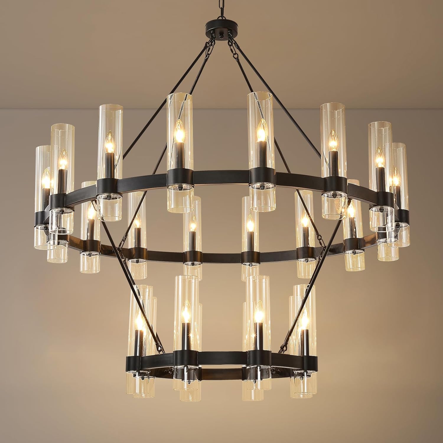 48 inch 2 tier black wagon wheel chandelier, 24 lights, with clear glass shades, large hanging high ceilings light fixture for dining room foyer entryway living room