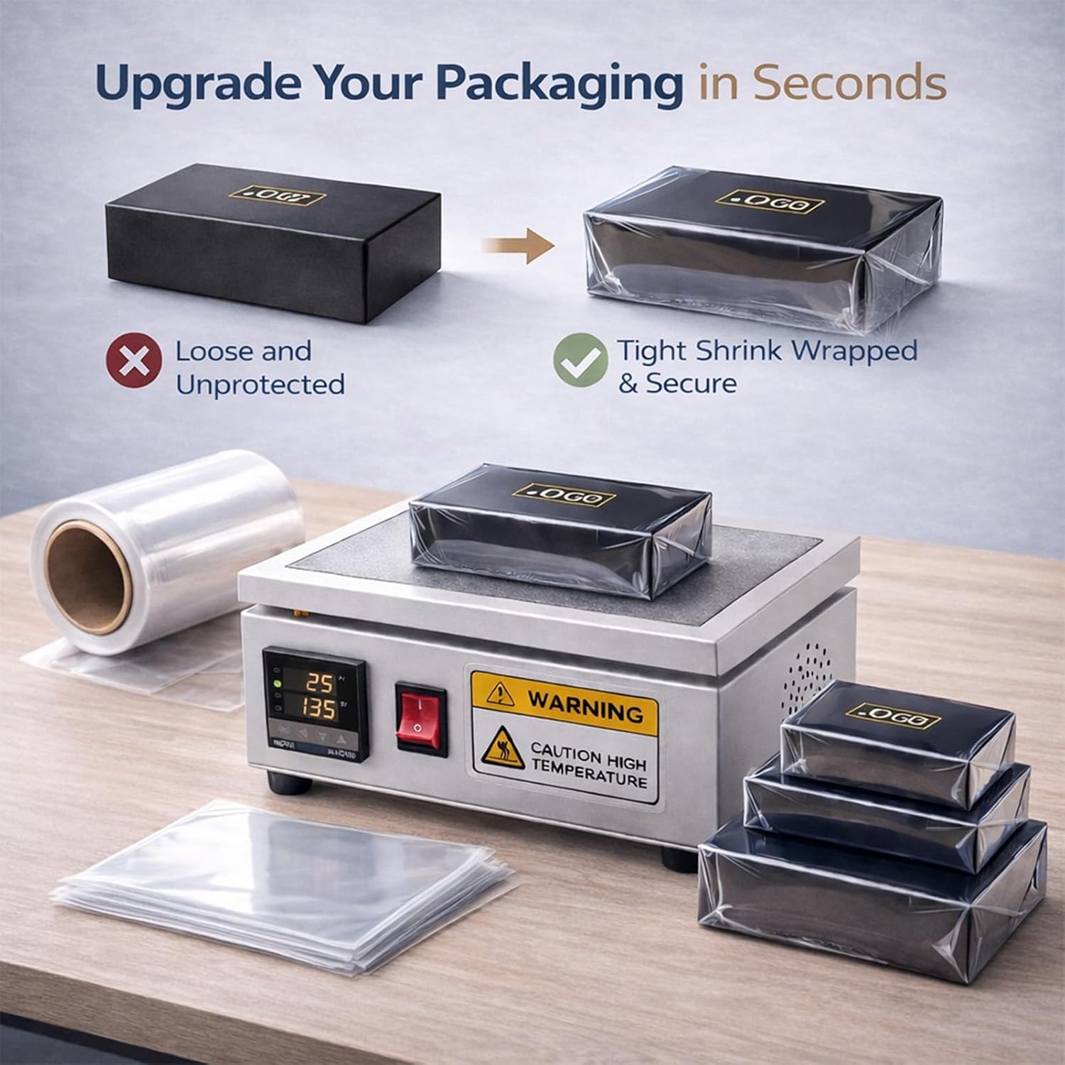 Cellophane Shrink Wrap Machine, Overwrapping Heat Sealer for BOPP/PVC Film, Packaging for Perfume Cosmetics Gift Boxes (LS12x20)