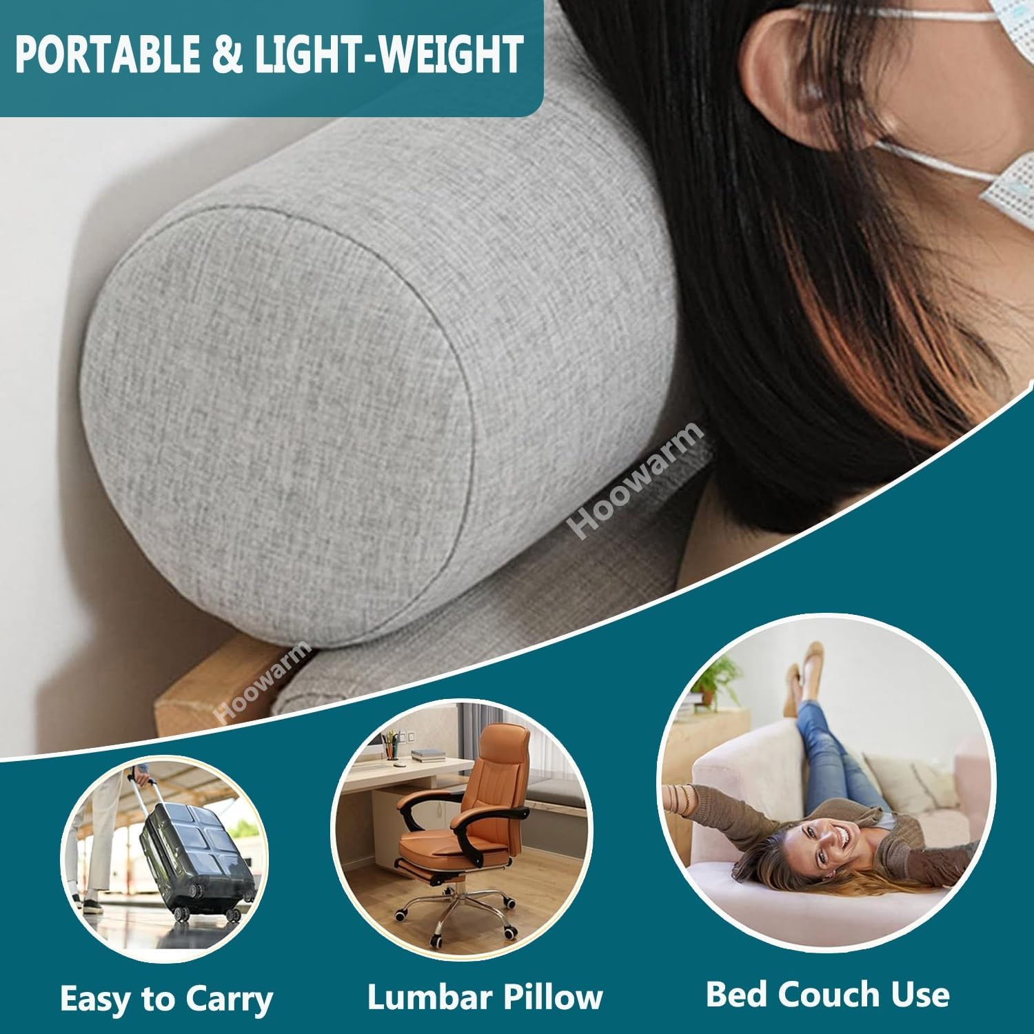 Memory Foam Neck Roll Pillow 16/19/23/35/39in Cylindrical Bolster Pillow for Neck, Leg, Knee Support - Removable & Washable Cover, Comfortable & Soft Full Moon Bolster(A10,20x60cm/8x23in)