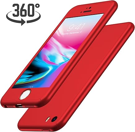 Funda iPhone SE + Protector de Pantalla de Vidrio Templado, Luckydeer Carcasa iPhone 5S 360 Grados Ultra-Delgado Ultraligero Anti-Ara?azos iPhone 5 Funda Resistente - Rojo (4.0 Pulgadas)