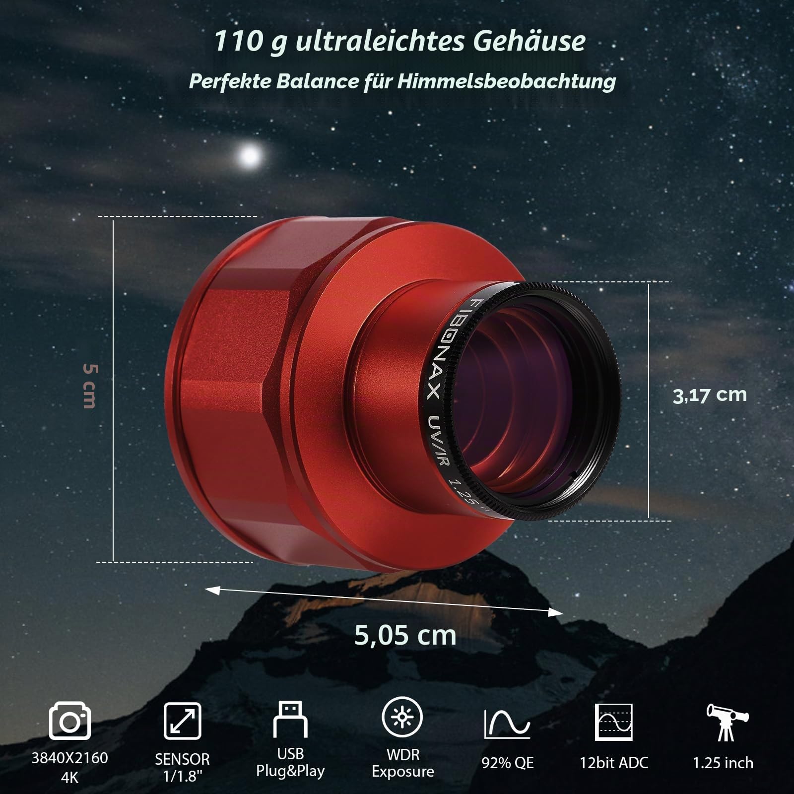 Teleskop Kamera 4K 8MP Astrofotografie Kamera - 1,25 Zoll Teleskop Elektronische Okularkamera mit IR Filter, Plug & Play für Astronomie, Planetenbildgebung, Kompatibel mit Windows/Mac/Linux