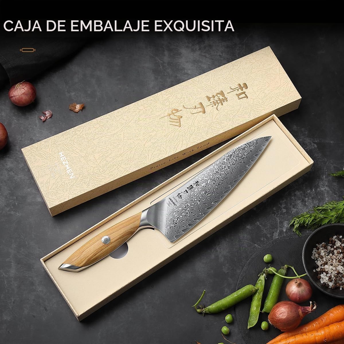 HEZHEN Cuchillo de Cocina Damasco, 21CM Cuchillo Chef de Acero Damasco de 73 Capas, Cuchillo de Cocinero Profesional Mango de Madera de Olivo