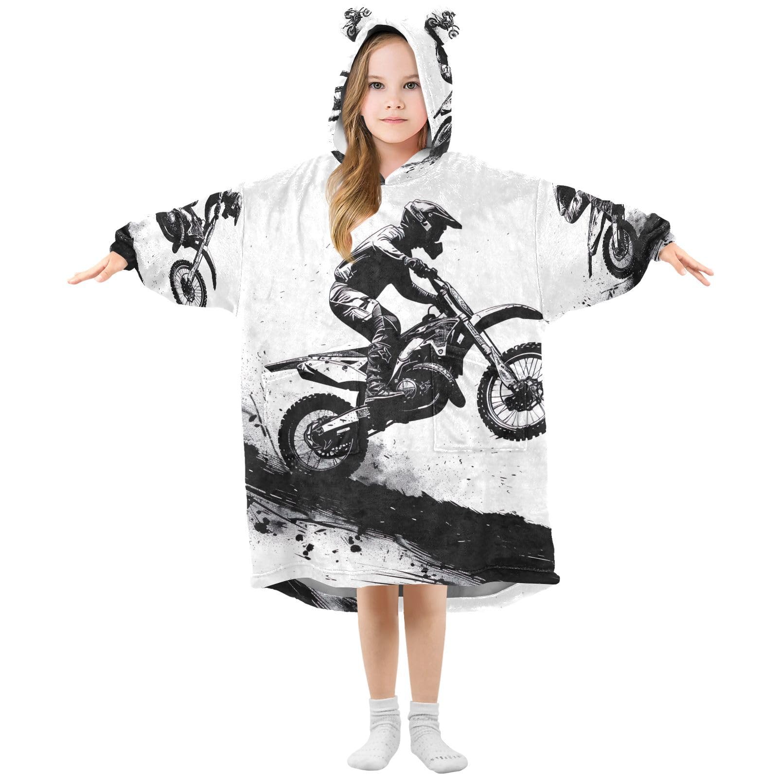 SKYSHU Motorcycle Rider Wearable Blanket Hoodie for Kids, Oversized Soft Cozy Sweatshirt Blanket with Pocket