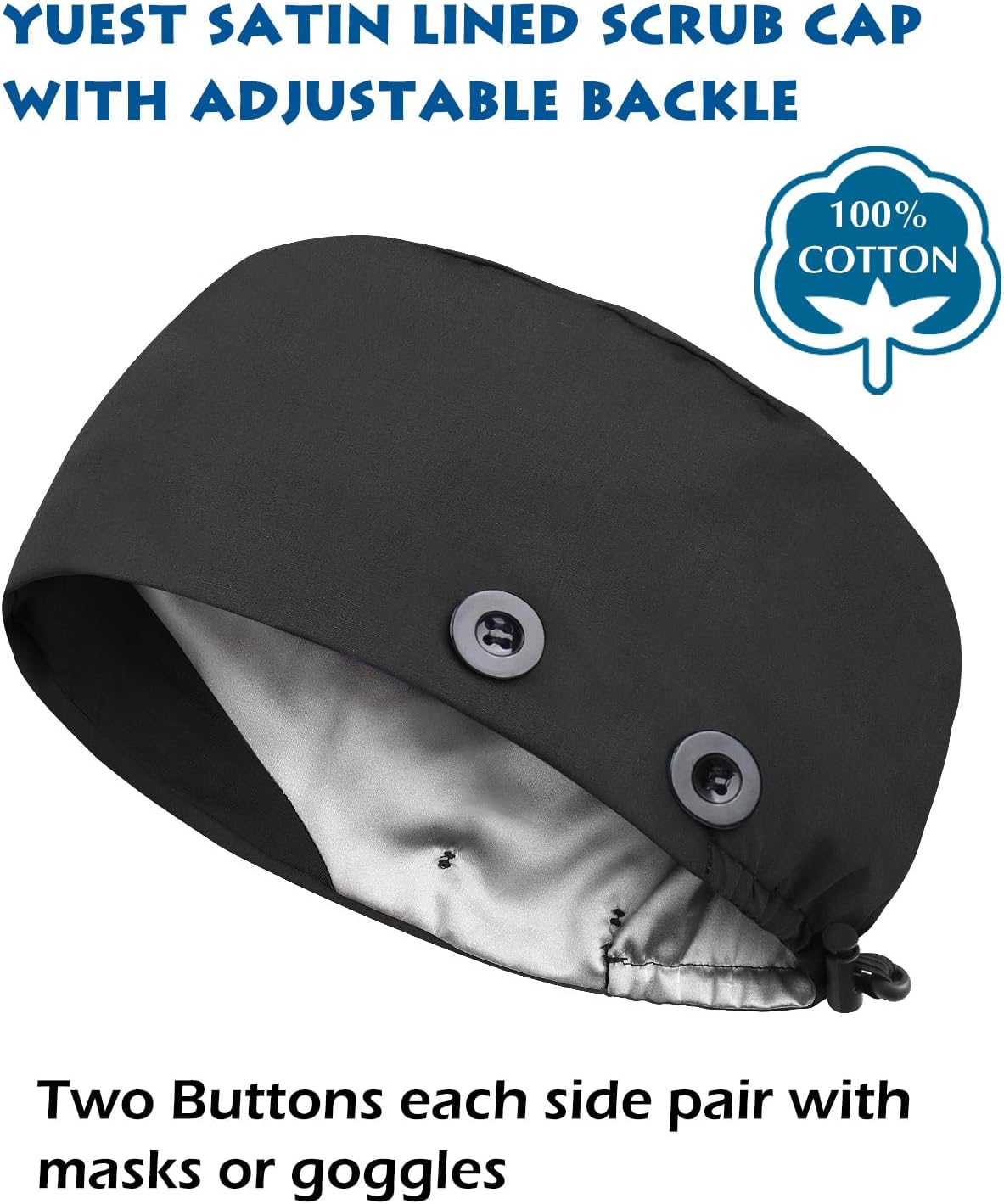 Adjustable Scrub Caps for Women Men - 4 Mask Attachment Buttons & Satin Lined Scrub Caps