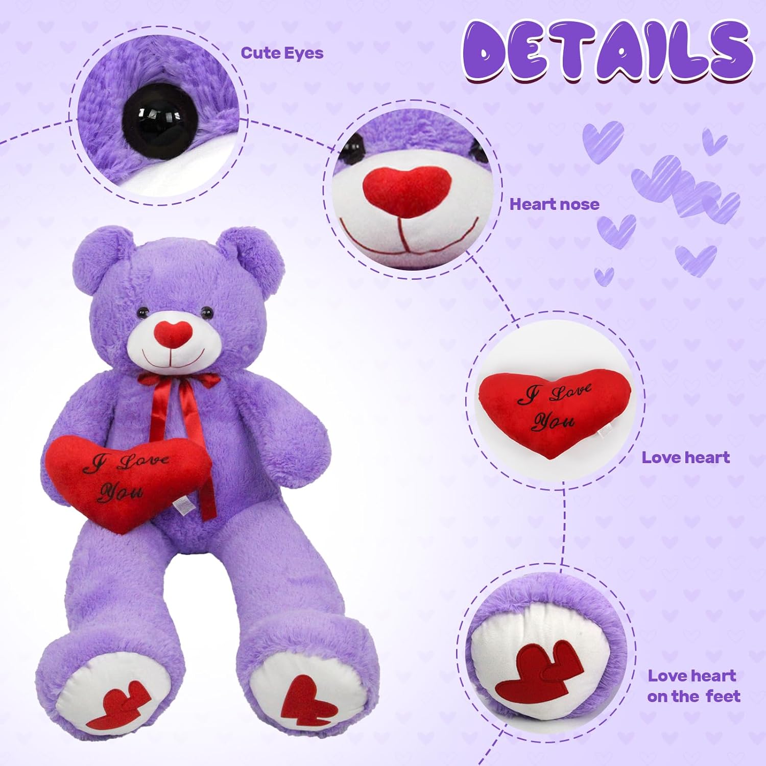 51.2 Inch Giant Teddy Bear with Soft Heart Pillow, Plush Stuffed Animal, Valentine's Day Gift (Purple, 51.2 Inch)