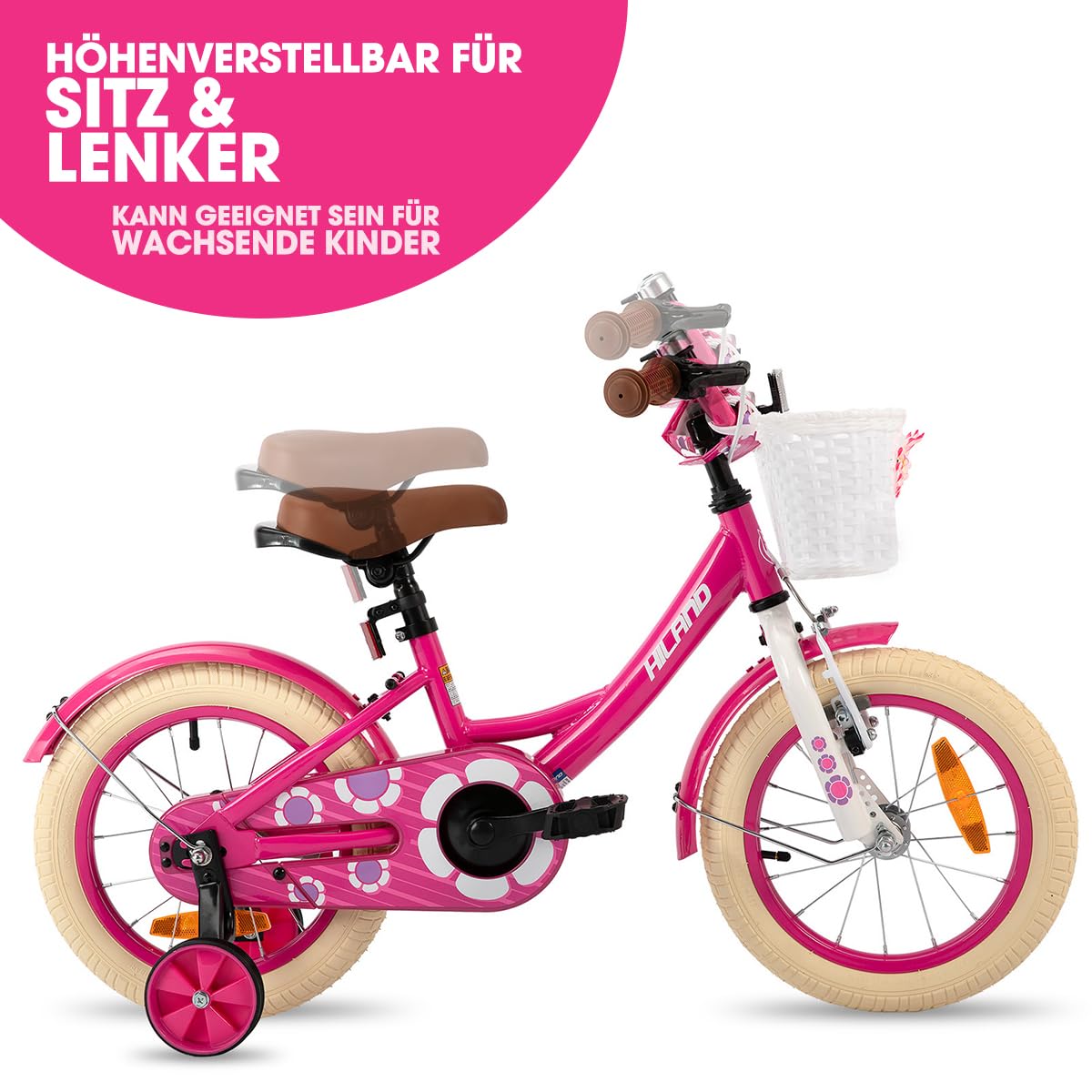 HILAND Petal 12/14/16 Zoll Kinderfahrrad für Mädchen, mit Vorderhandbremse & Rüicktrittbremse, Mädchenfahrrad mit Stützrädern, Kinderfahrrad Mit Korb und Schutzblechen, Rosa/Lila/Weiß