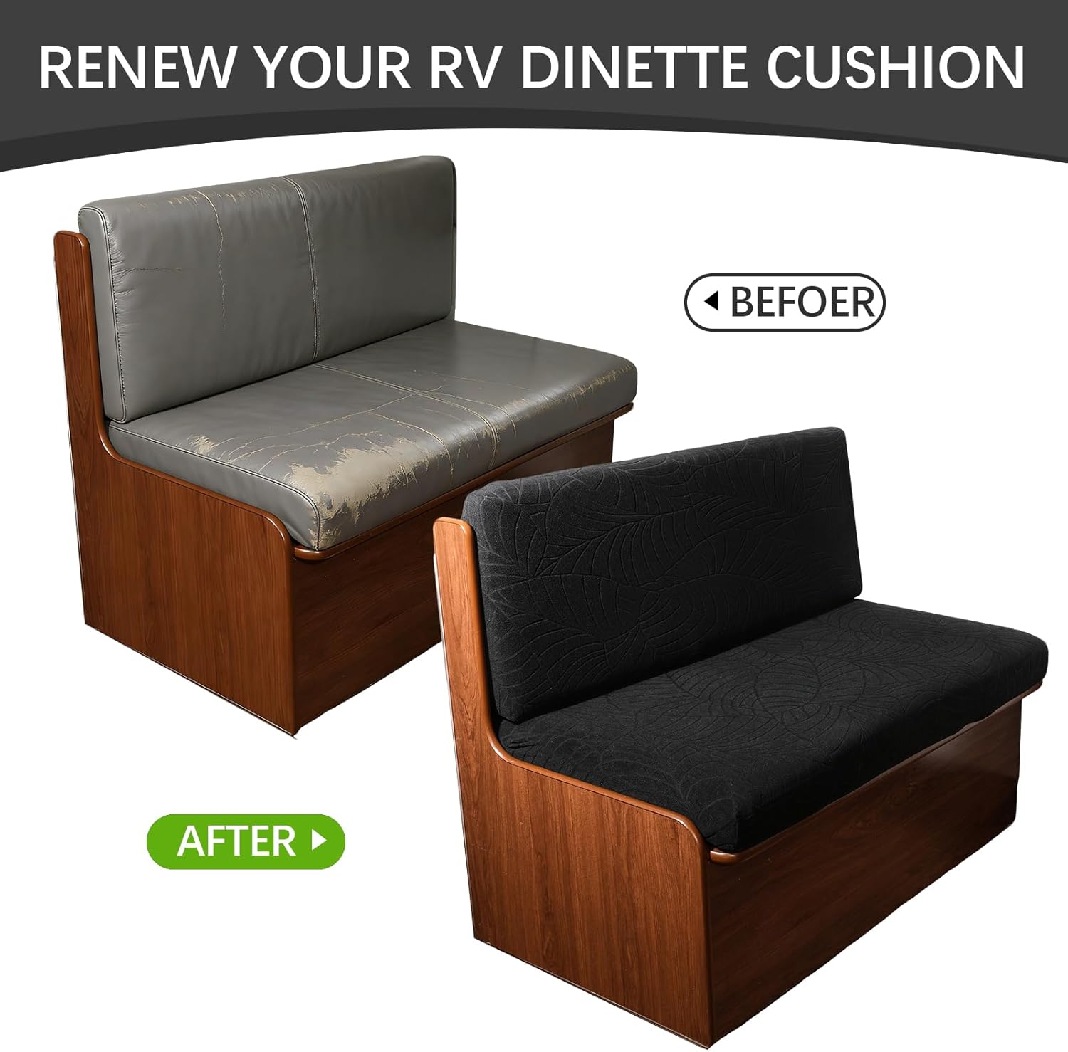 RV Dinette Cushion Covers Stretch Leaf Jacquard Camper Cushion Slipcover Replacement Camper Sofa Chair Protector for Travel Trailer Couch RV Booth Seat (1 Backrest Cover&1 Bench Cover, Black)