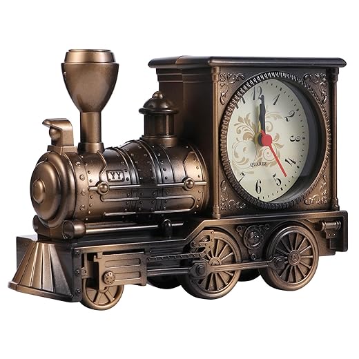 FAVOMOTO Train Clock, Vintage Retro Train Style Alarm Clock Steampunk Decoration Train Model European Style Alarm Clock Table Desk Time Clock Home Office Shelf Decor