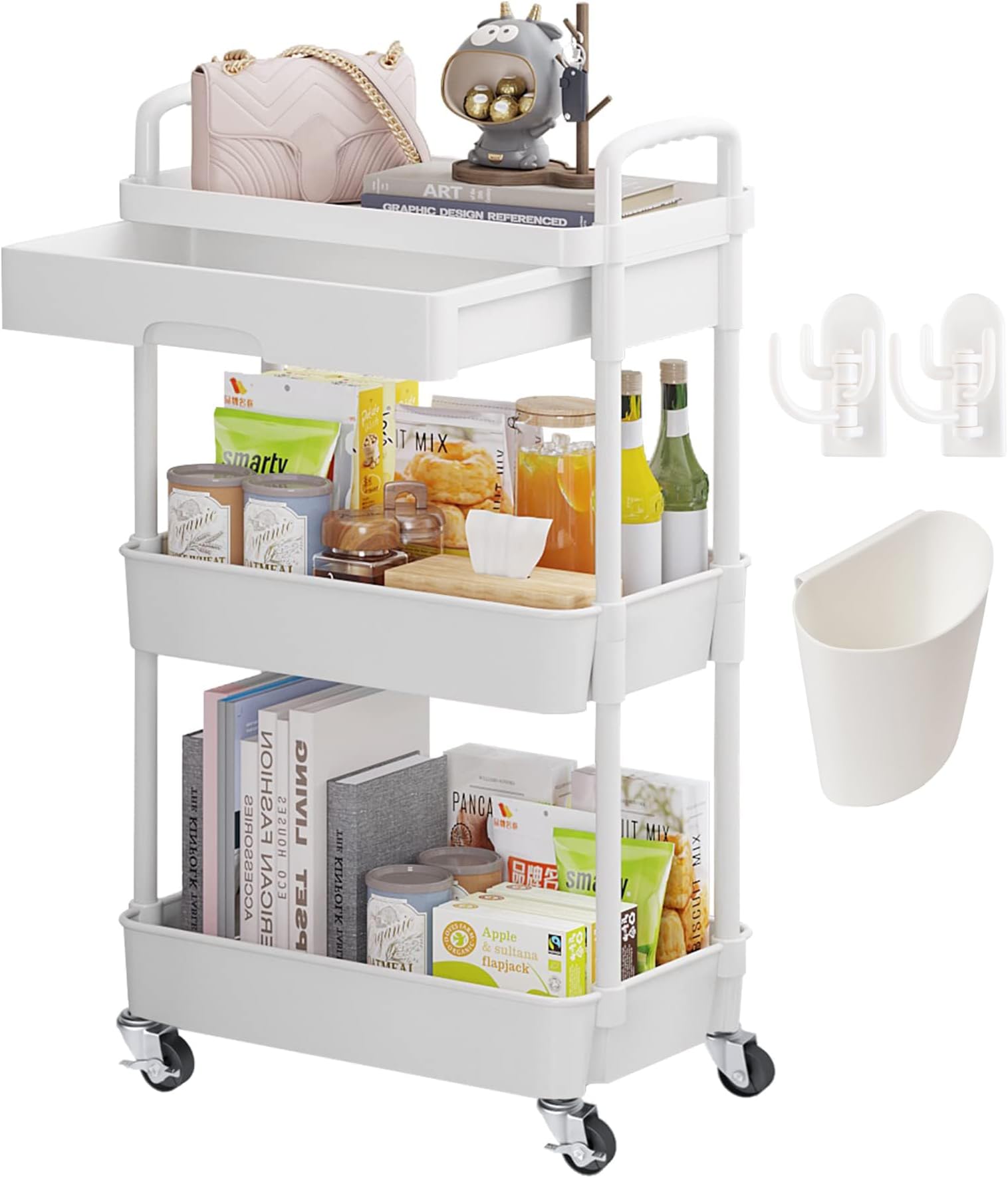 Beauty Trolley on Wheels 3 Tier Storage Trolley with Drawer Plastic Beauty Trolleys Rolling Utility Cart Craft Trolleys on Wheels for Home Kitchen Bathroom Laundry Office White