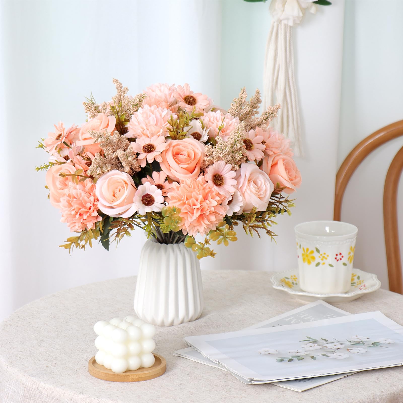 MEIVINES Artificial Flowers Artificial Rose Silk Flowers 2 Bunches Faux Rose Daisy Flower Bouquet for Wedding Party Table Centerpieces Floral Arrangement Home Kitchen Decor (Champagne - Image 2