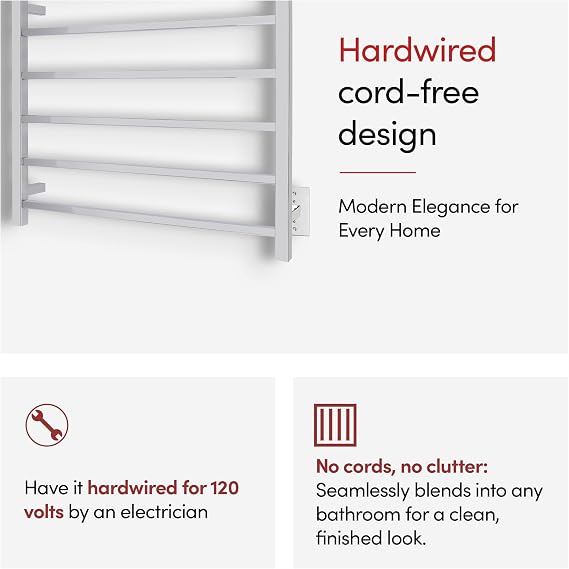 Heated Towel Rack Polished Stainless Steel Wall Mounted Towel Warmer for Luxurious Bathroom Spa-Like Comfort, 6-Bars, 80 Watts Electric Hardwired UL Certified Safe, WarmlyYours Tahoe