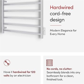 Heated Towel Rack Polished Stainless Steel Wall Mounted Towel Warmer for Luxurious Bathroom Spa-Like Comfort, 6-Bars, 80 Watts Electric Hardwired UL Certified Safe, WarmlyYours Tahoe