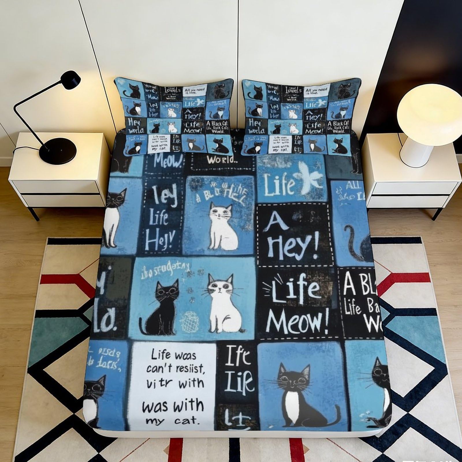 3D Printed Cat Illustration Fitted Sheet Microfiber Soft Blue Cartoon Bed Cover for Bedroom Guest Room Dorm Decor 90x200x25cm
