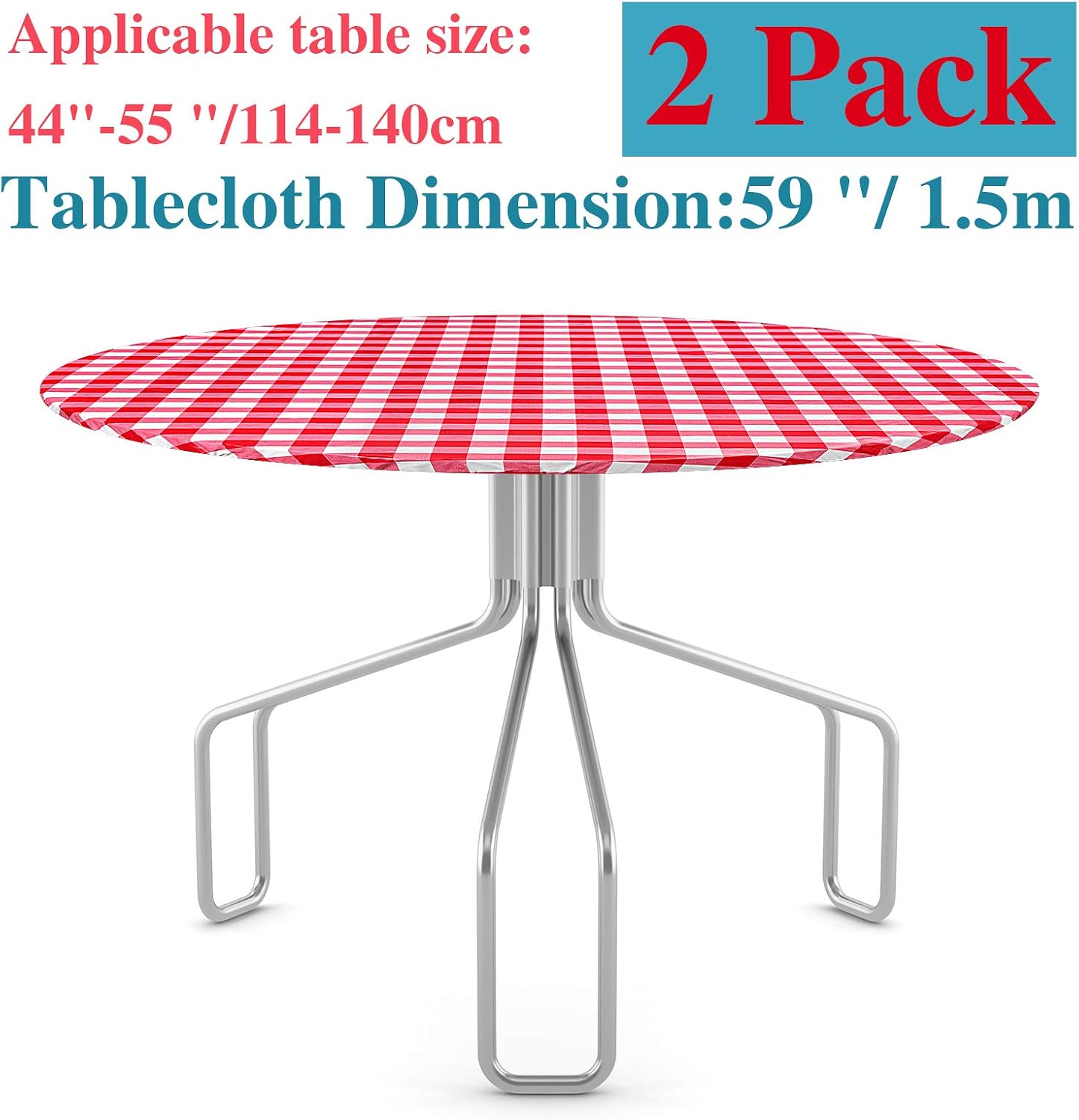 Flash Deals - 80% OFF 2 Pieces Vinyl Round Fitted Tablecloth for 44 - 55 Inch Tables Elastic Edge Fitted Vinyl Flannel Backed Lining Stretched Gingham Plaid Checkered Table Covers (Red and White)