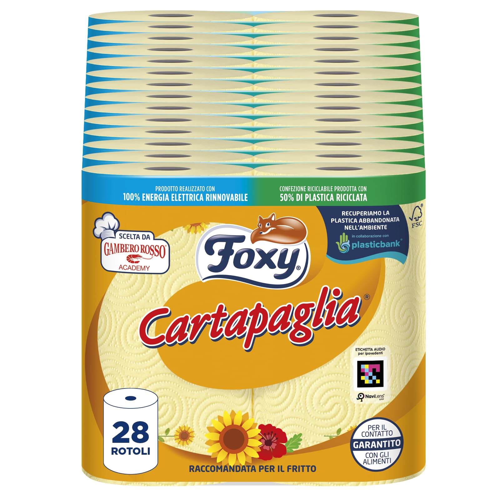 Foxy Cartapaglia | Asciugatutto 2 rotoli | 2 veli elevato spessore Vortici Super-Assorbenti | FSC |100% Energia elettrica rinoabile | Confezione 100% riciclabile prodotta con plastica riciclata