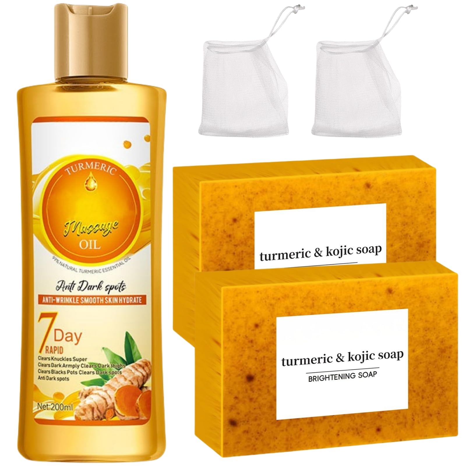 Turmeric Kojic Soap & Oil Set, Lemon Turmeric Kojic Soap Bar for Spots Remover & Even Skin Tone, Honey Massage Oil for Firming Skin Exfoliating