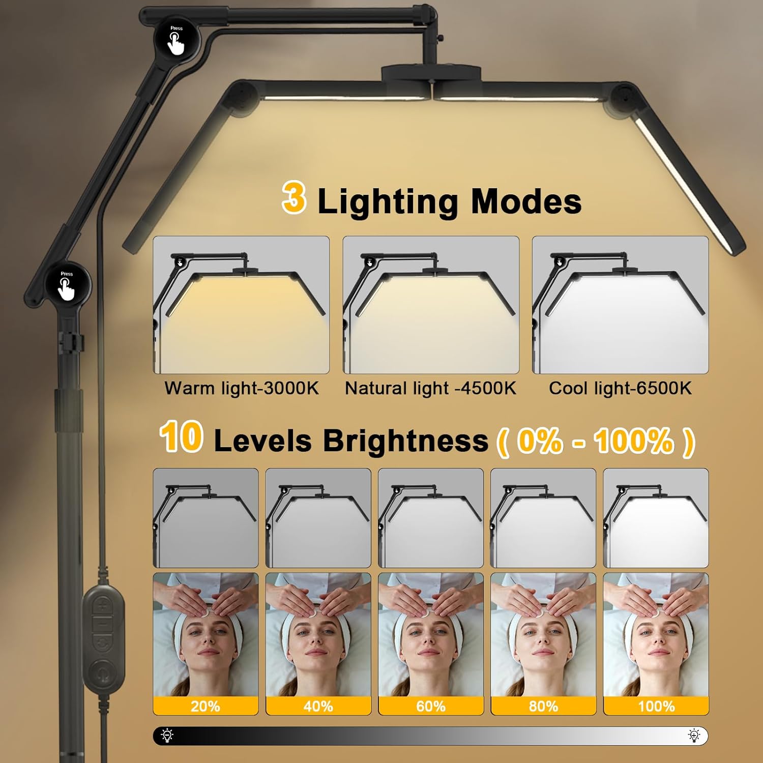 CGBE 3-Segment Foldable Lash Lamp: Lash Light with Rolling Base for Lash Technicians - Adjustable Height & Angle Eyelash Light with Phone Holder for Esthetician Tattoo, Black