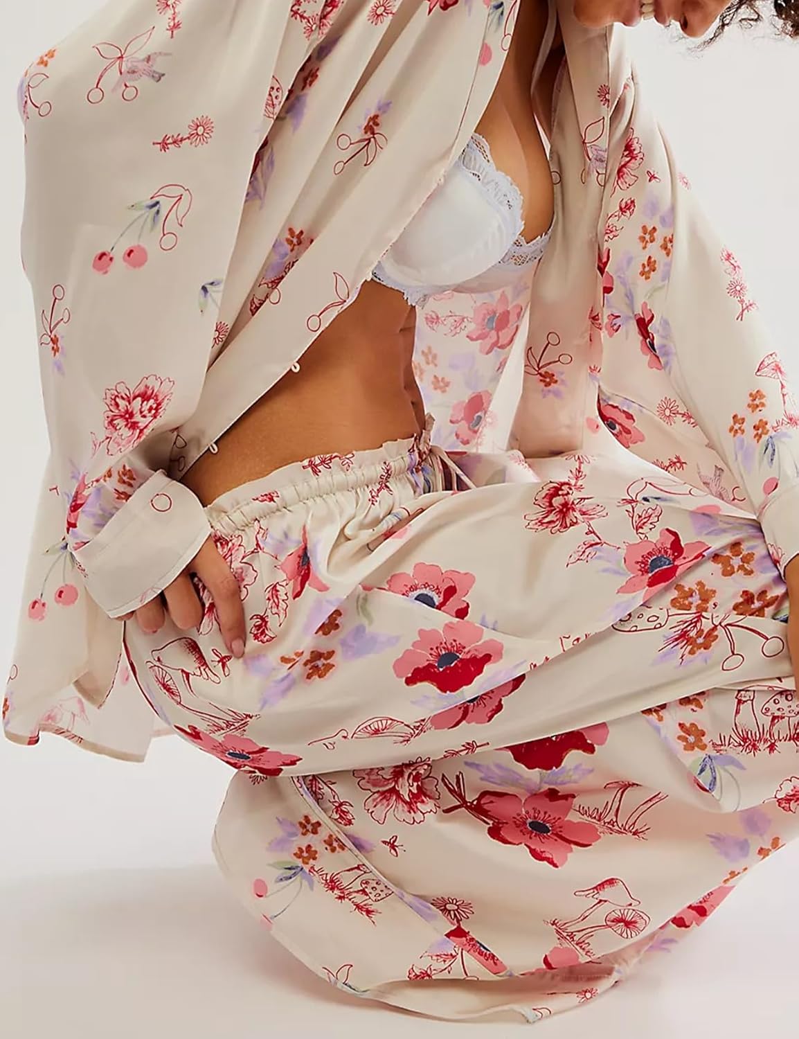 Yimoon Womens Satin Pajama Set Floral Silk Pajamas 2 Piece Cute Long Sleeve Button Down Pjs Sleepwear Lounge Set - Image 5