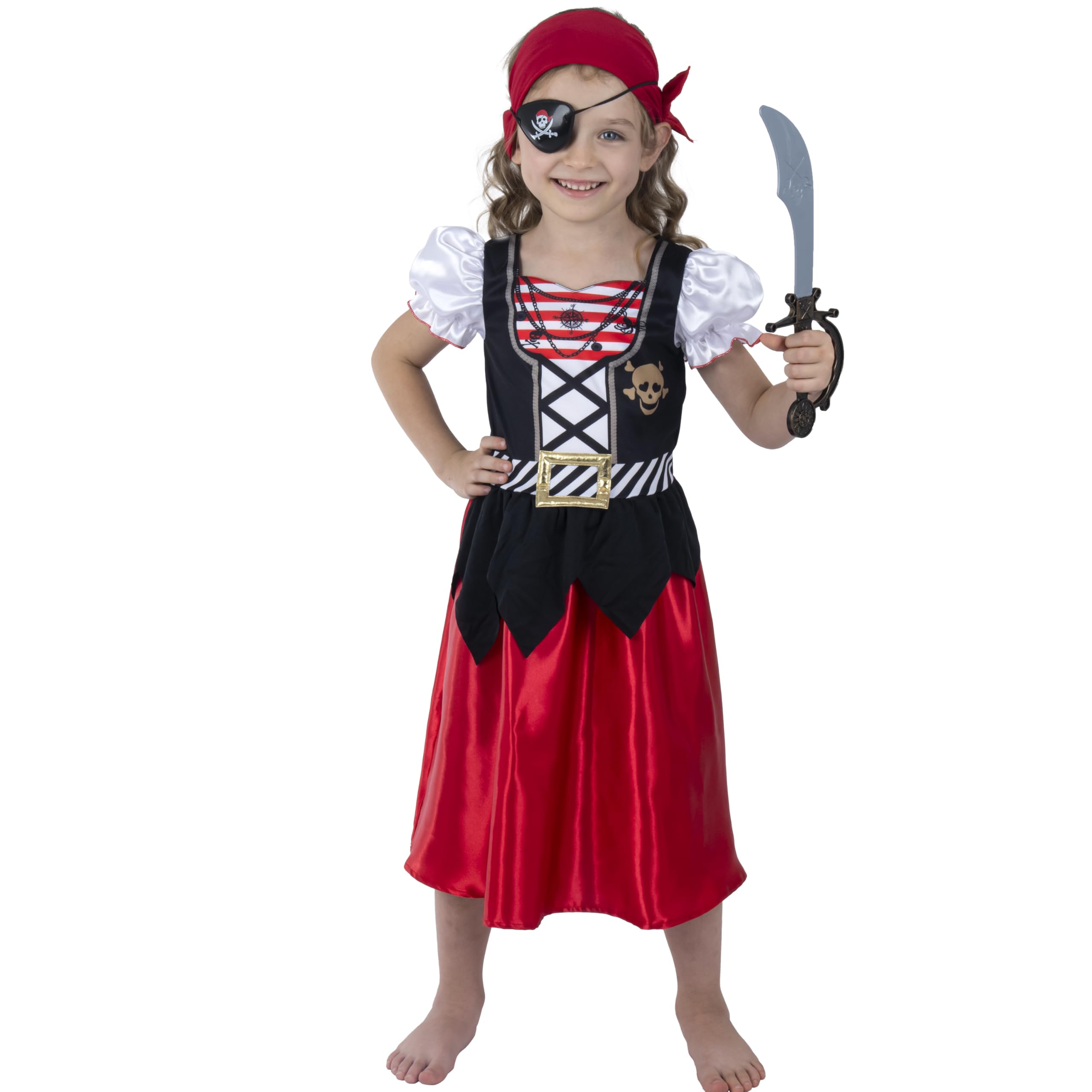 Sincere Party Girls Pirate Costume,2024 New Pirate Dress with Headband,Cutlass,Eye-patch Size 9-10years