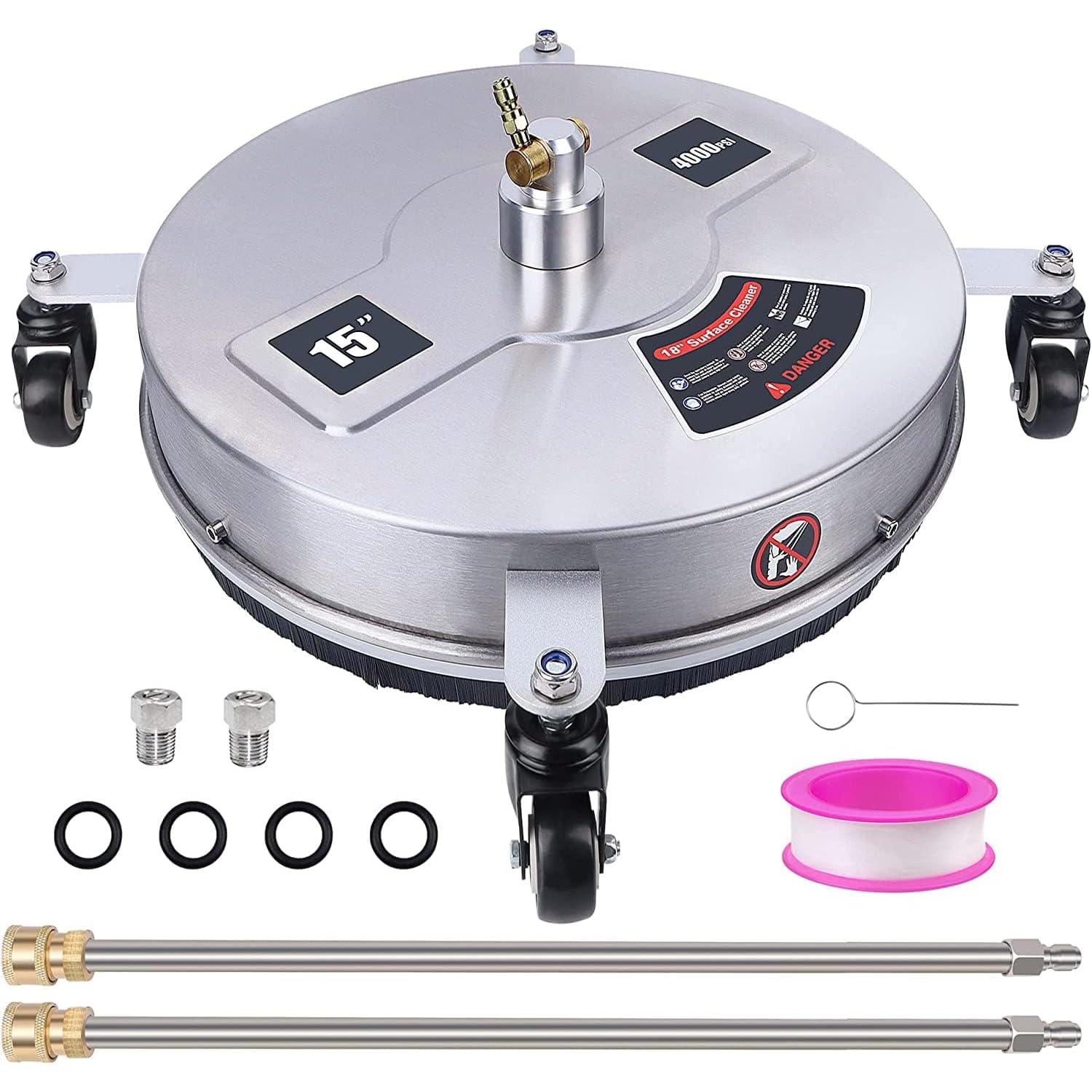 Pulitore per superfici idropulitrice da 38,1 cm, con 4 ruote, in acciaio inox, accessorio per pulizia di vialetti, marciapiedi, patii, connettore rapido da 1/4", 2 attacchi per bacchetta di
