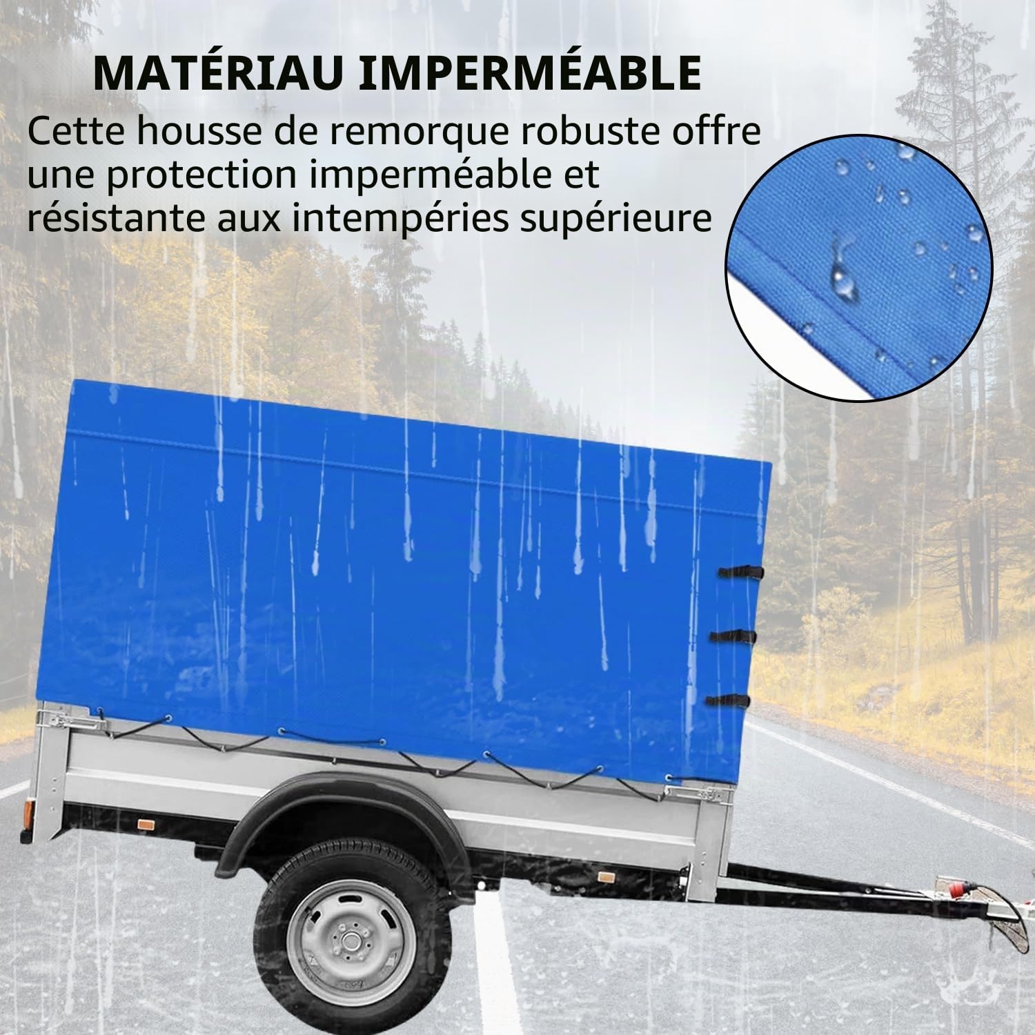 Bâche de Remorque Haute Performance, Bâche de Protection Tous Temps Durable avec Corde, Tissu Oxford 600D, Bâche de Couverture pour Remorques de 750 kg (avec Fermeture Éclair à l'Arrière)